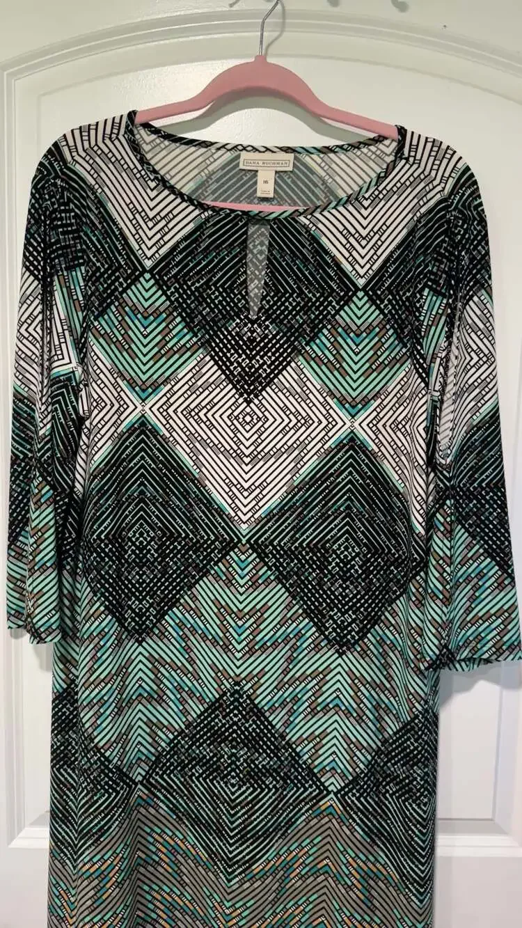 Geometric Shift Dress Office Career Stretch Modest Business Casual Size 16